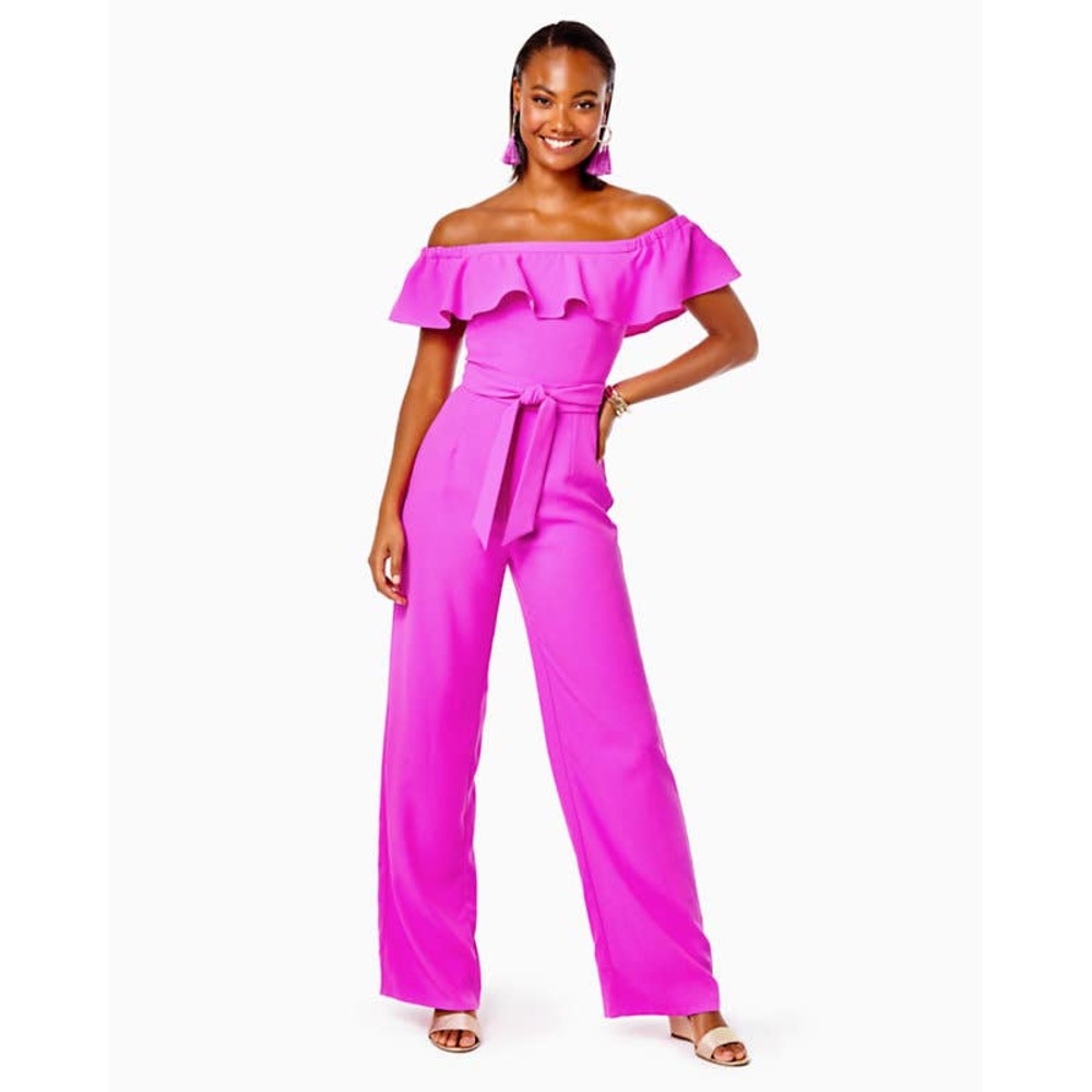 Lilly Pulitzer Jood Off The Shoulder Jumpsuit Barbie Core Sz 14 Hot Pink